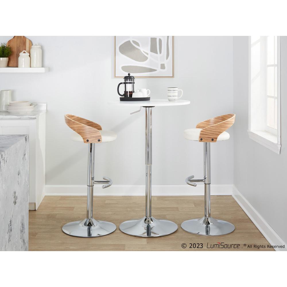 Chrome Metal, Zebra Wood, White PU Grotto Adjustable Barstool - Set of 2