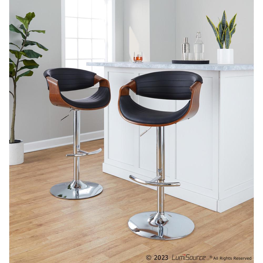 Chrome Metal, Walnut Wood, Grey PU Symphony Adjustable Barstool - Set of 2
