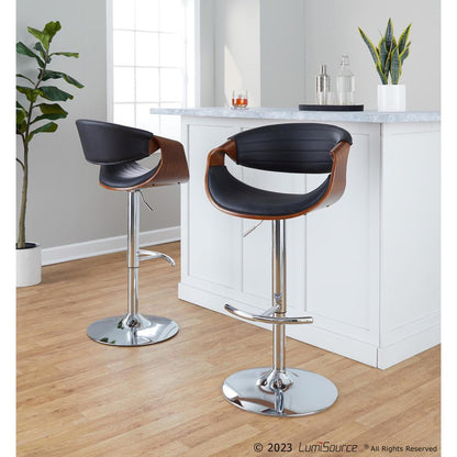 Chrome Metal, Walnut Wood, Grey PU Symphony Adjustable Barstool - Set of 2