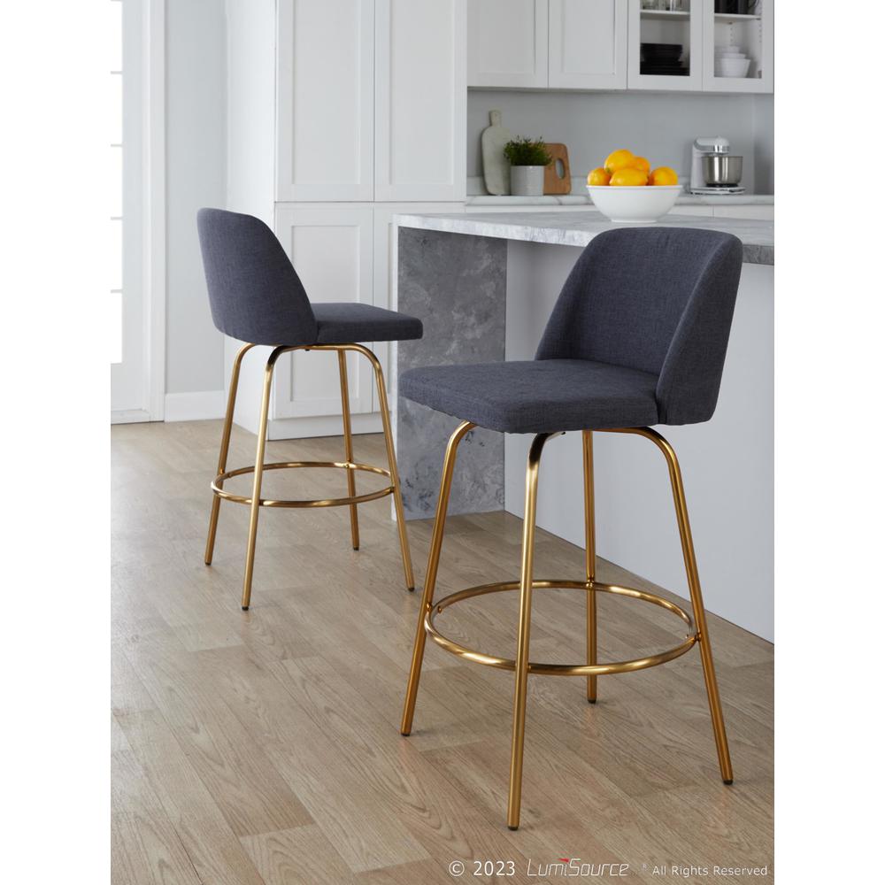 Blue Fabric, Gold Metal Toriano 26" Fixed-Height Counter Stool - Set of 2