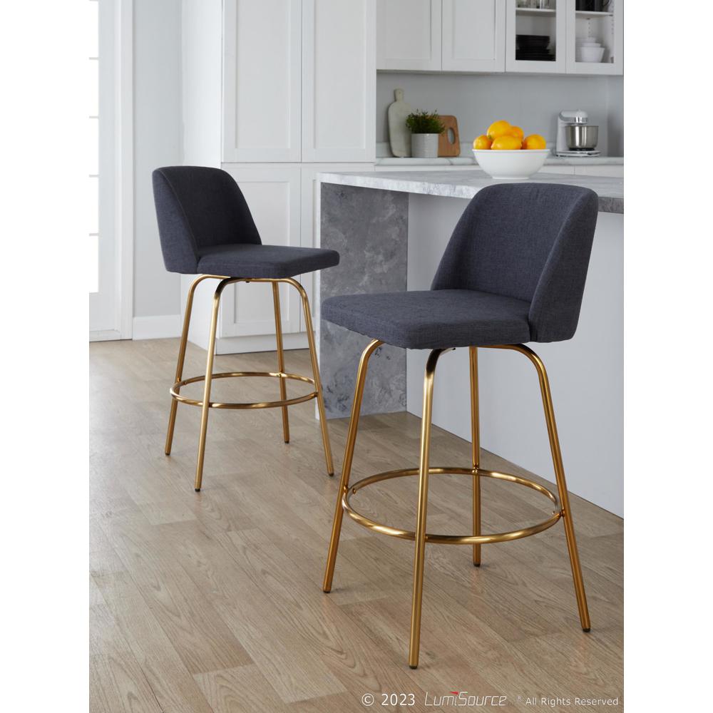 Blue Fabric, Gold Metal Toriano 26" Fixed-Height Counter Stool - Set of 2