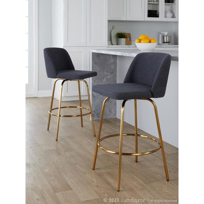 Blue Fabric, Gold Metal Toriano 26" Fixed-Height Counter Stool - Set of 2