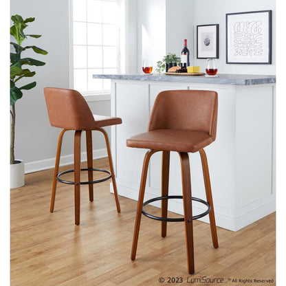 Walnut Wood, Camel PU, Black Metal Toriano 30" Fixed-Height Barstool - Set of 2
