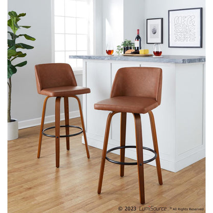 Walnut Wood, Camel PU, Black Metal Toriano 30" Fixed-Height Barstool - Set of 2