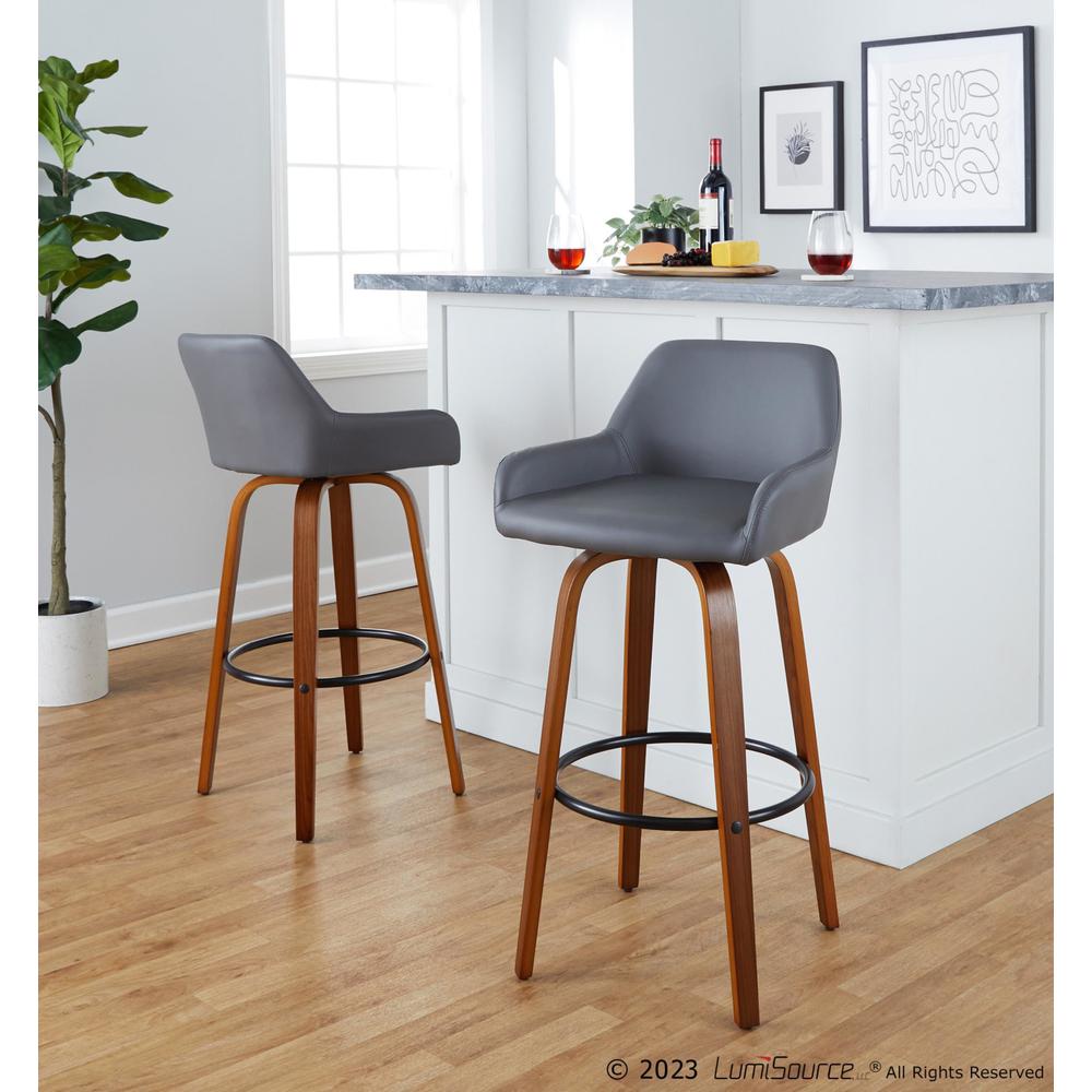Walnut Wood, Black Metal, Grey PU Daniella 30" Fixed-Height Barstool - Set of 2
