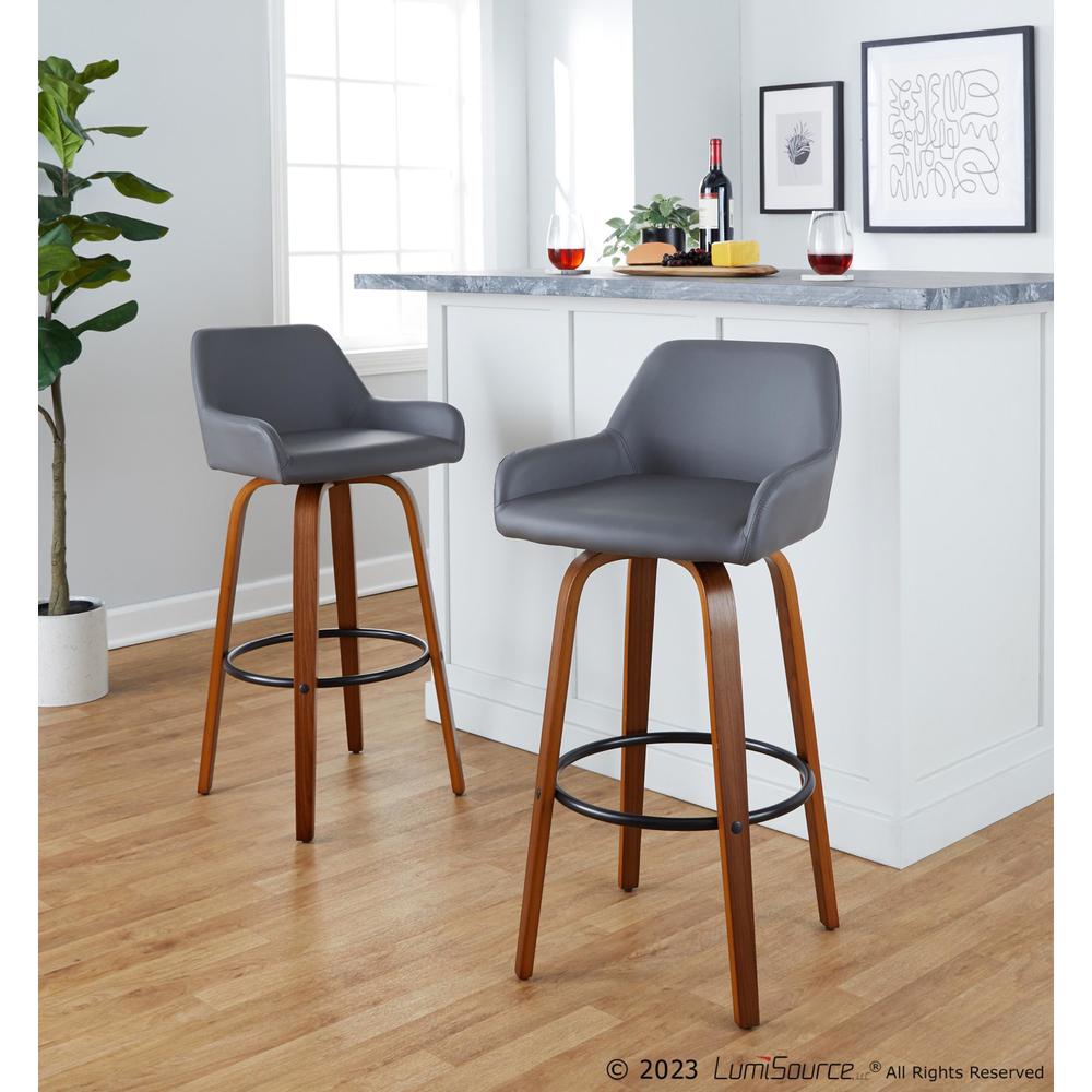 Walnut Wood, Black Metal, Grey PU Daniella 30" Fixed-Height Barstool - Set of 2