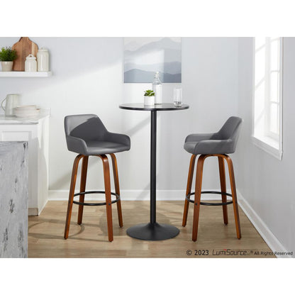 Walnut Wood, Black Metal, Grey PU Daniella 30" Fixed-Height Barstool - Set of 2