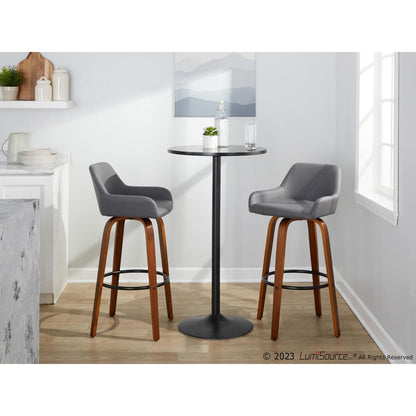 Walnut Wood, Black Metal, Grey PU Daniella 30" Fixed-Height Barstool - Set of 2