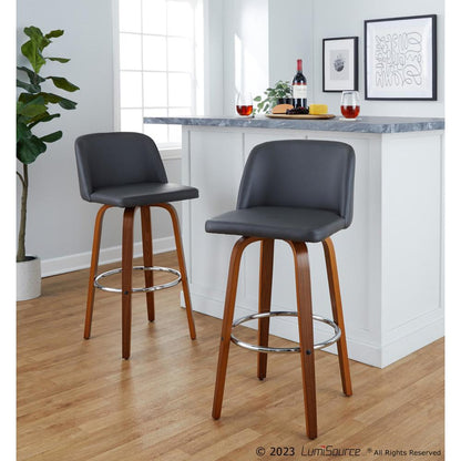 Walnut Wood, Grey PU, Chrome Metal Toriano 30" Fixed-Height Barstool - Set of 2