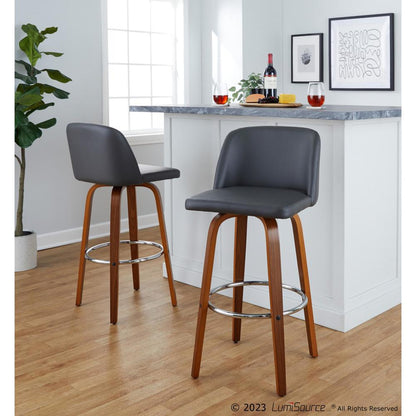 Walnut Wood, Grey PU, Chrome Metal Toriano 30" Fixed-Height Barstool - Set of 2