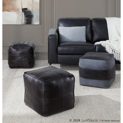 Black Leather, Grey Canvas Cobbler Canvas Pouf