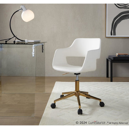 Margarite Task Chair in Gold Metal, White PU color