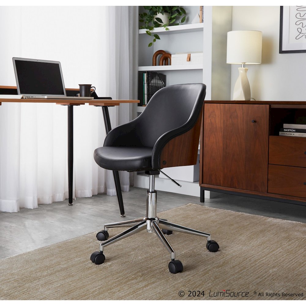 Bacci Office Chair in Chrome Metal, Walnut Wood, Brown PU color