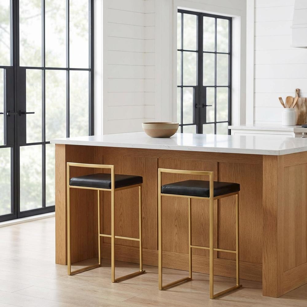 Contemporary-Glam Gold Barstools with Faux Leather Seats, Metal Frame, Set of 2