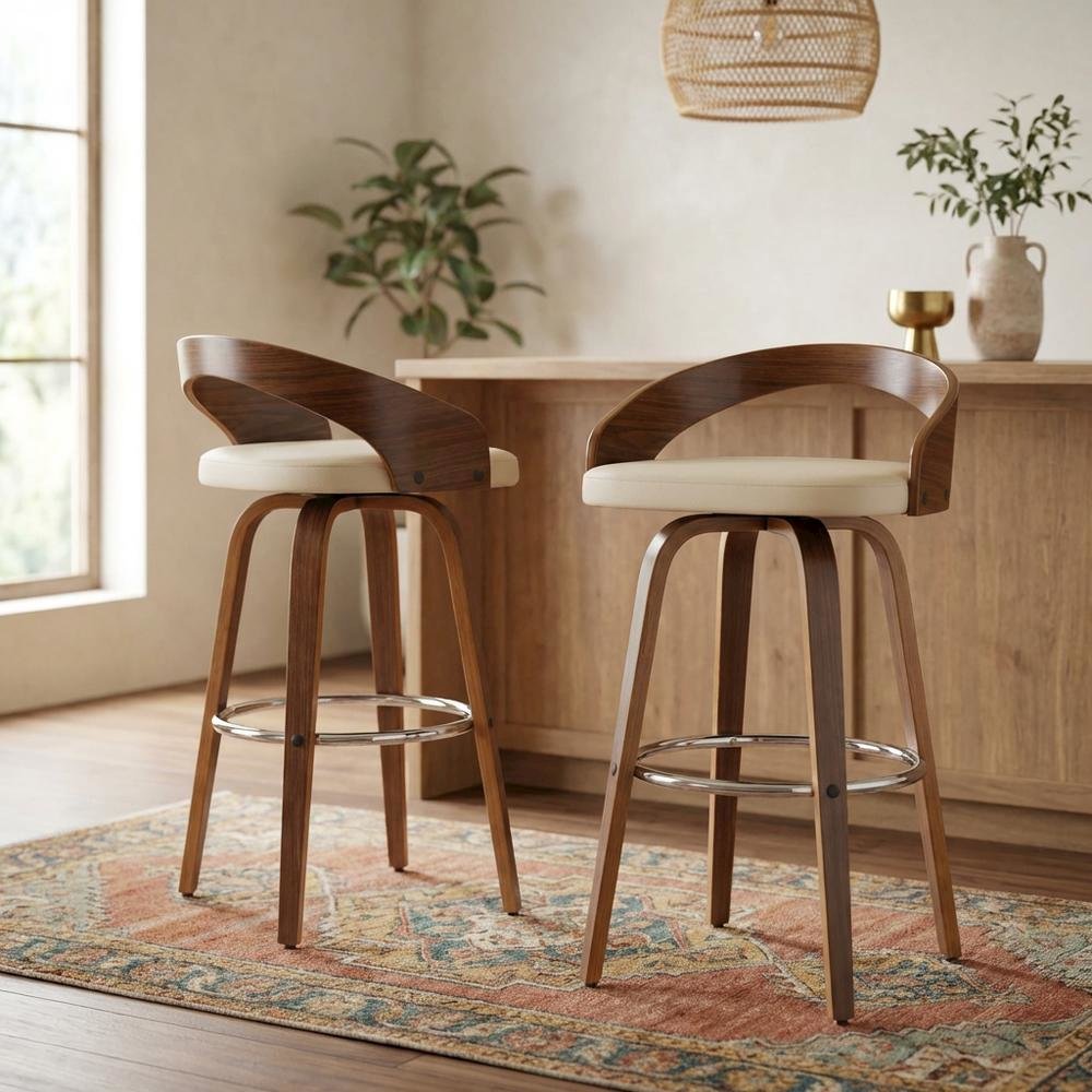 Mid-Century Modern Barstool Set in Walnut and Cream Faux Leather