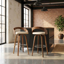 Mid-Century Modern Barstool Set in Walnut and Cream Faux Leather