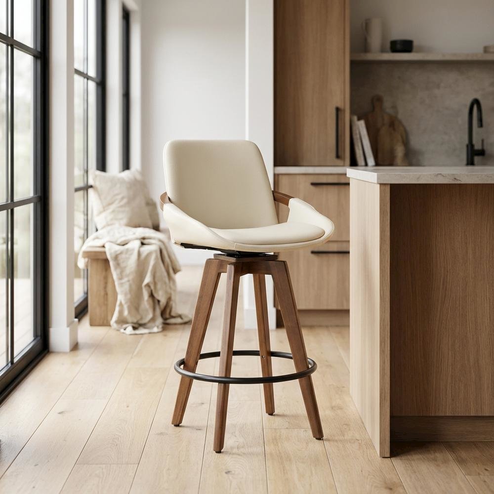 Mid-Century Counter Stool in Walnut and Cream Faux Leather with Armrests