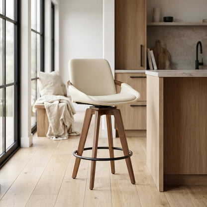 Mid-Century Counter Stool in Walnut and Cream Faux Leather with Armrests
