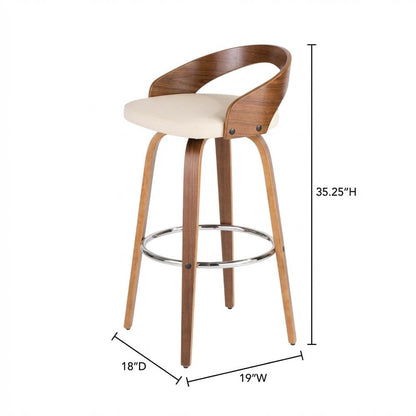 Mid-Century Modern Barstool Set in Walnut and Cream Faux Leather