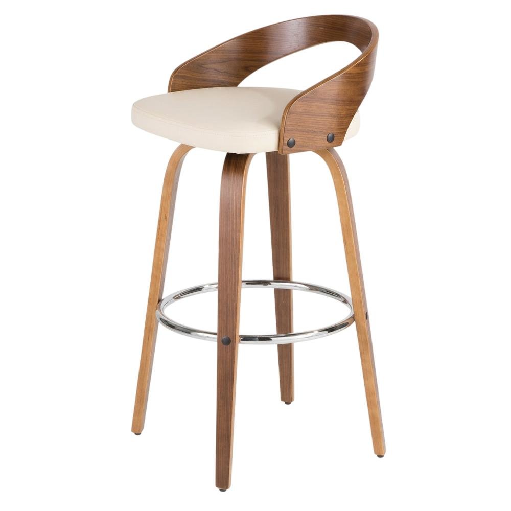 Mid-Century Modern Barstool Set in Walnut and Cream Faux Leather