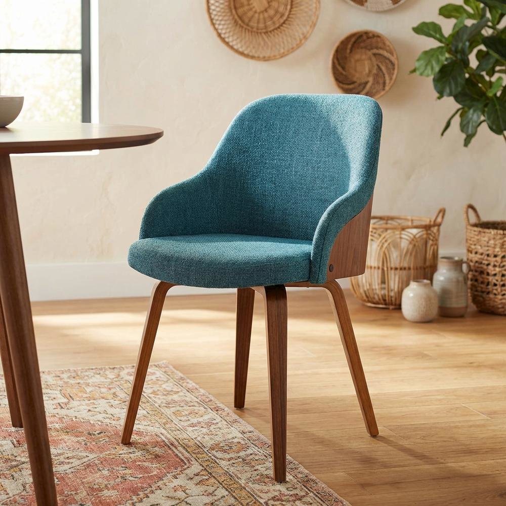 Mid-Century Modern Dining Chair with Walnut Wood Frame, Teal Fabric Upholstery