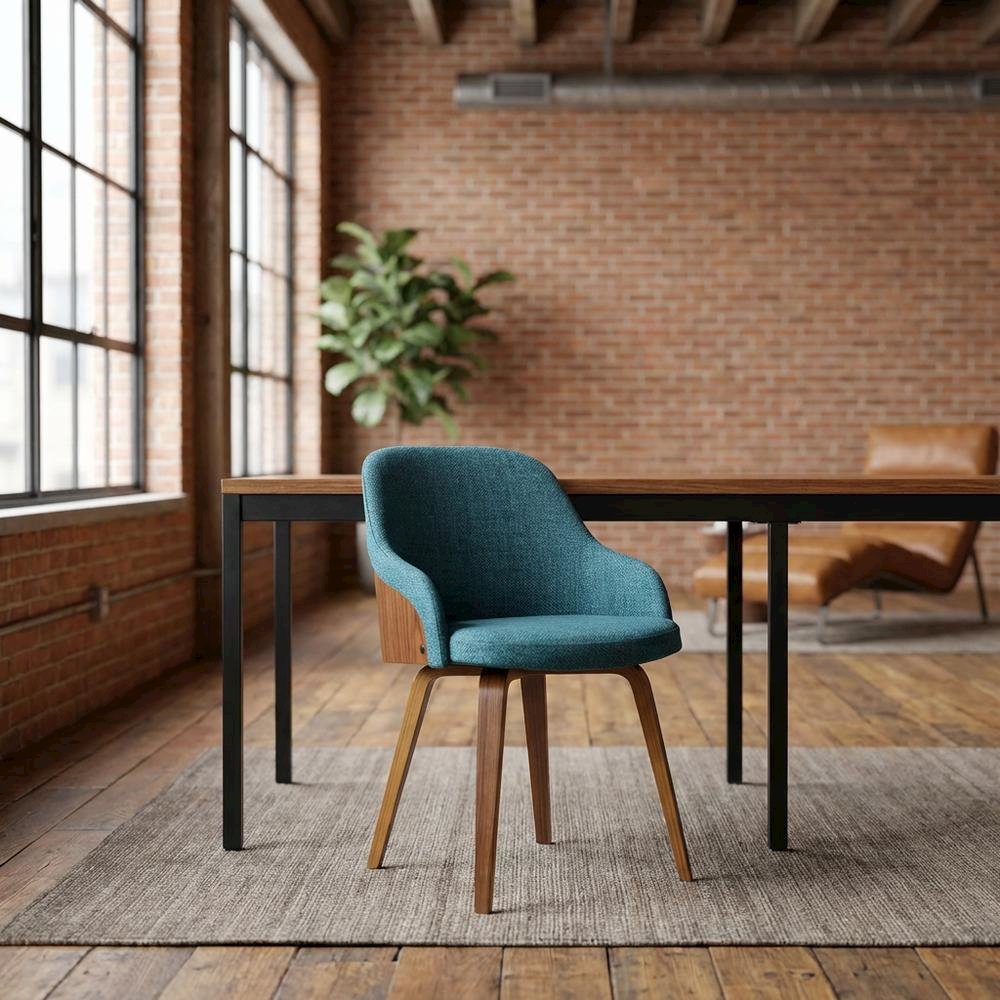 Mid-Century Modern Dining Chair with Walnut Wood Frame, Teal Fabric Upholstery