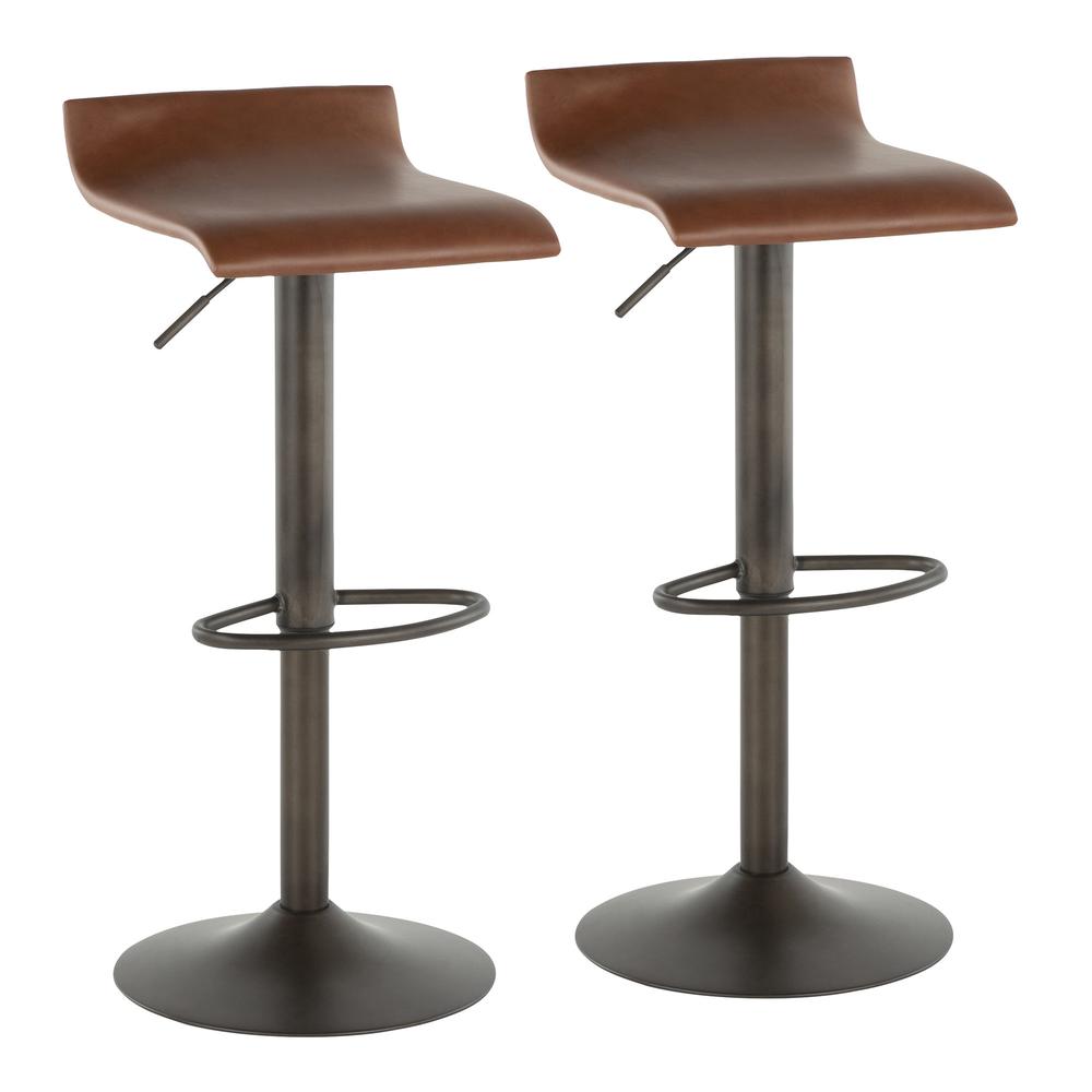 Ale Industrial Barstool in Antique Metal and Brown Faux Leather - Set of 2