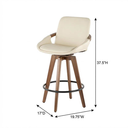 Mid-Century Counter Stool in Walnut and Cream Faux Leather with Armrests