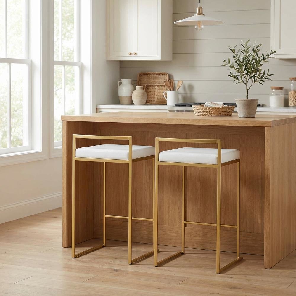 Contemporary-Glam Counter Stool in Gold with White Faux Leather Set of 2