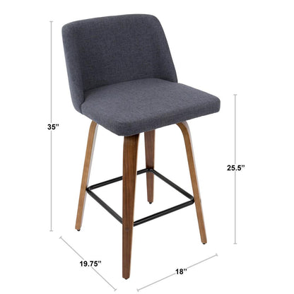 Toriano Mid-Century Modern Counter Stool in Walnut and Blue Fabric - Set of 2