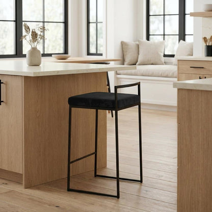 Black contemporary stackable counter stool set with velvet cushions