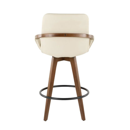 Mid-Century Counter Stool in Walnut and Cream Faux Leather with Armrests