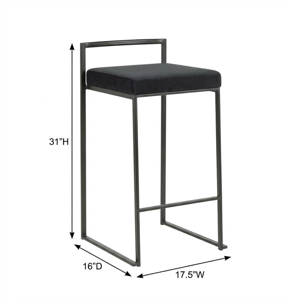 Black contemporary stackable counter stool set with velvet cushions