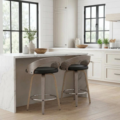Counter Stool with Light Grey Wood and Faux Leather Upholstery, Set of 2