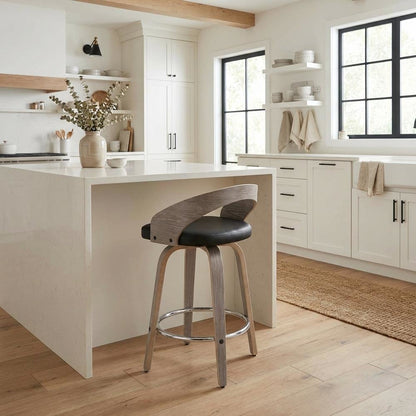 Counter Stool with Light Grey Wood and Faux Leather Upholstery, Set of 2