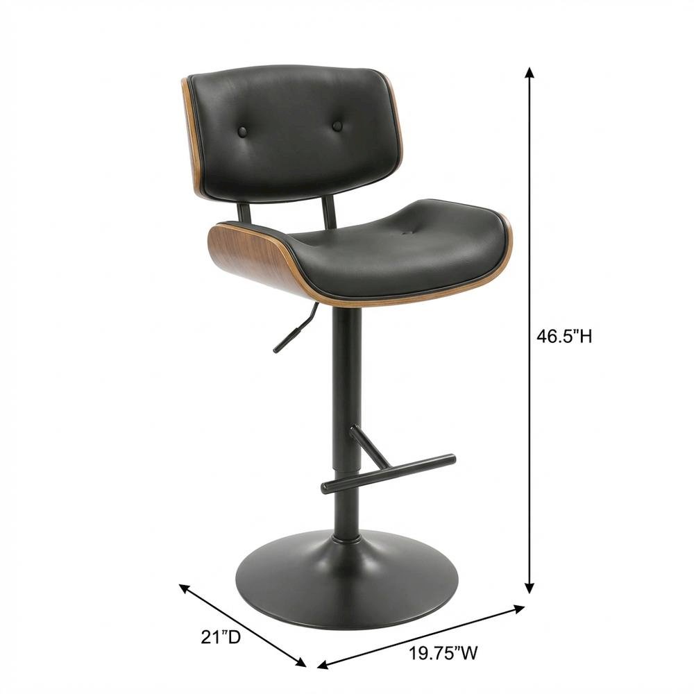 Mid-Century Modern Adjustable Barstool in Walnut with Black Faux Leather