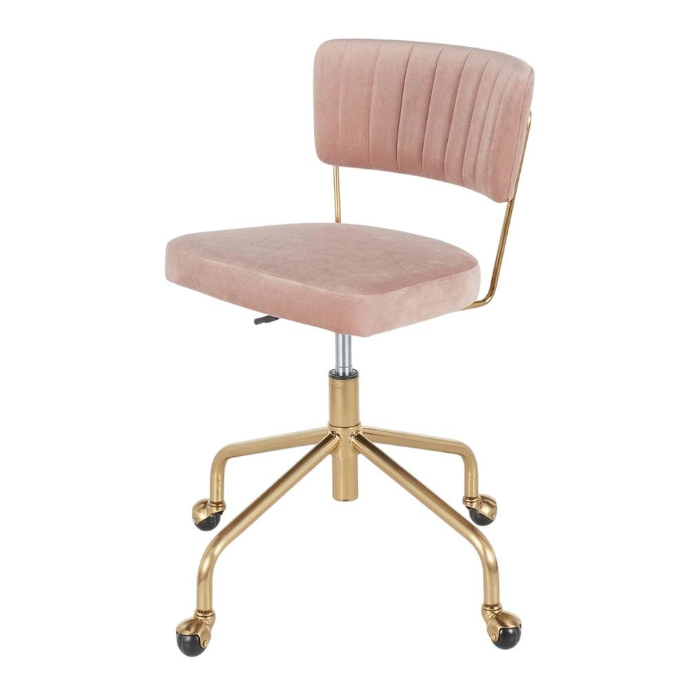 Pink velvet task chair with gold painted steel frame and cushioned seat
