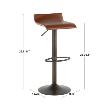 Ale Industrial Barstool in Antique Metal and Brown Faux Leather - Set of 2