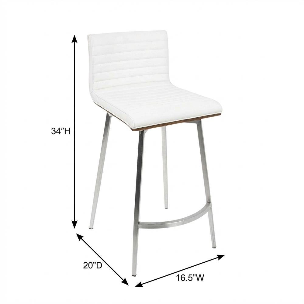 Stainless Steel and Walnut Counter Stool with White Faux Leather Cover, Set of 2