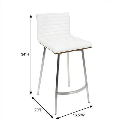 Stainless Steel and Walnut Counter Stool with White Faux Leather Cover, Set of 2