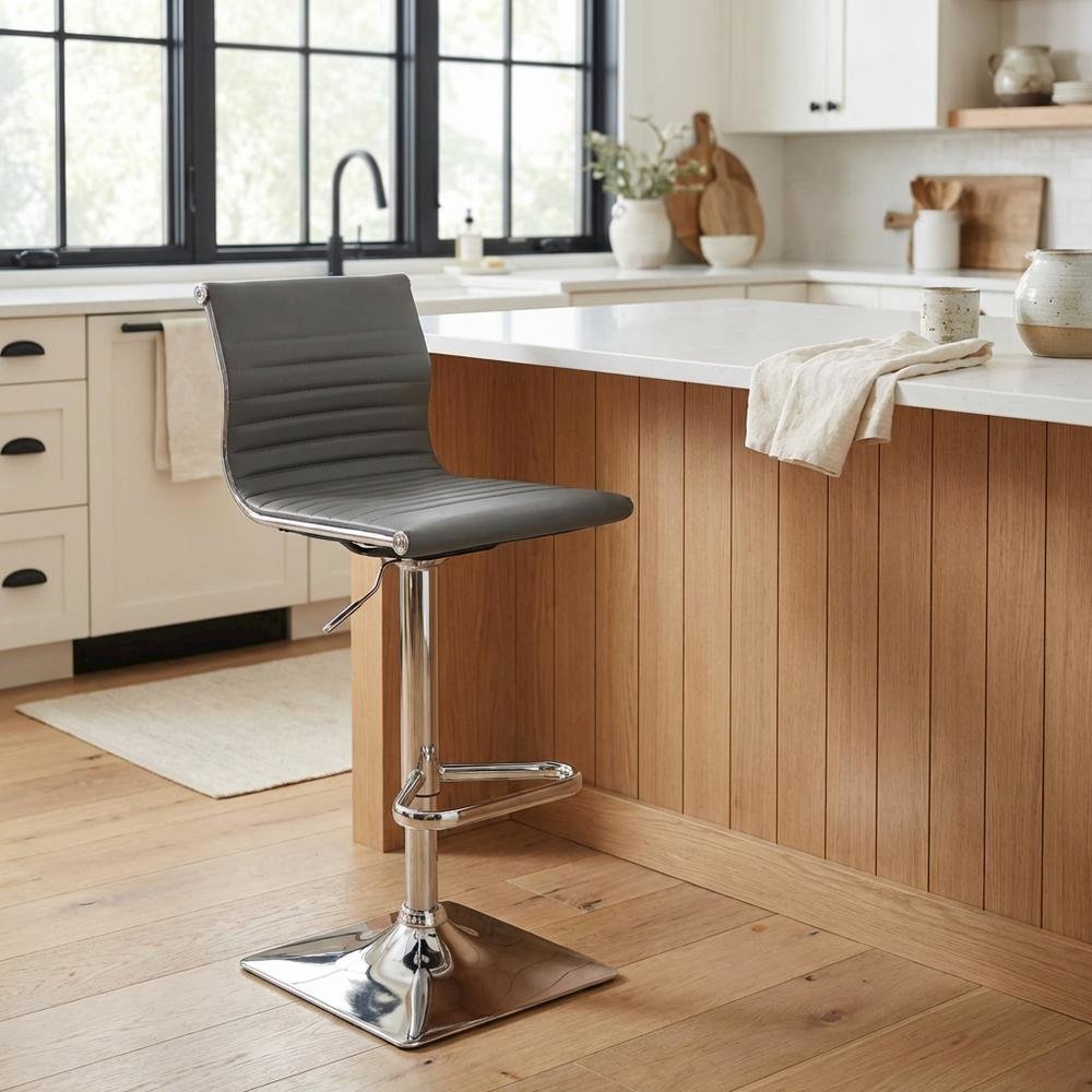 Contemporary Grey Faux Leather Adjustable Barstool with Swivel Seat
