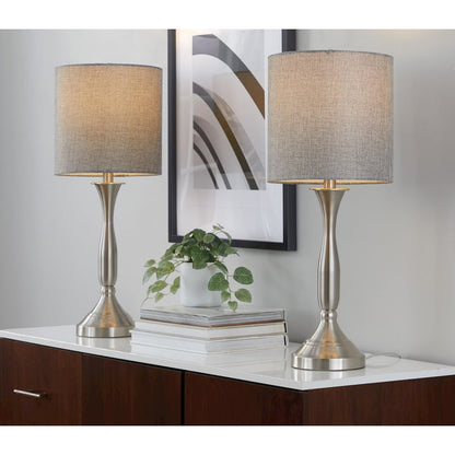 Brushed Nickel, Light Grey Linen Sawyer 25" Metal Table Lamp With USB - Set of 2