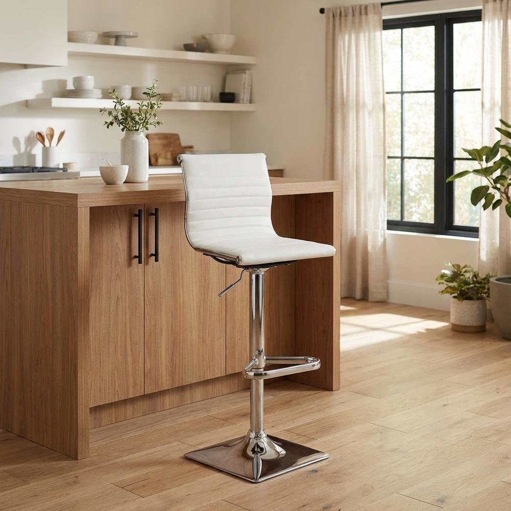 Adjustable Barstool with Swivel in White Faux Leather for Kitchen & Bar