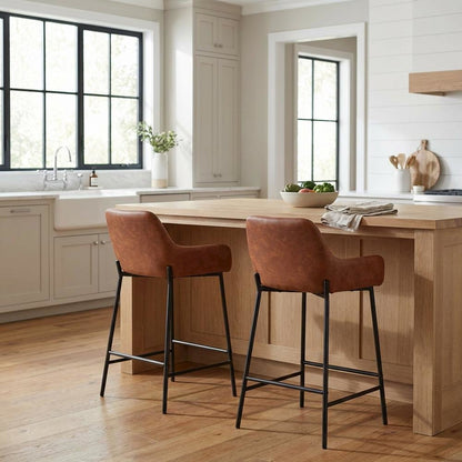 Black industrial counter stools with faux leather seats, set of 2