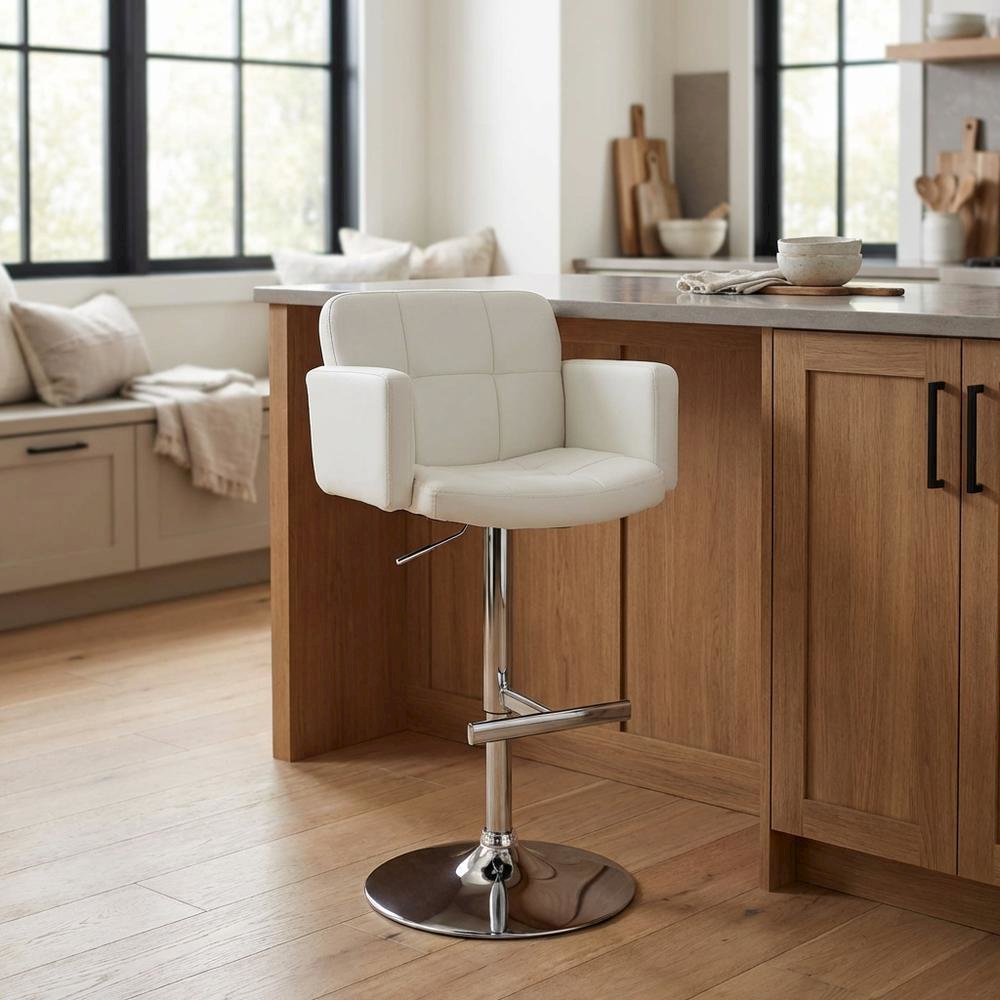 White Faux Leather Swivel Bar Stools with Adjustable Height and Metal Frame