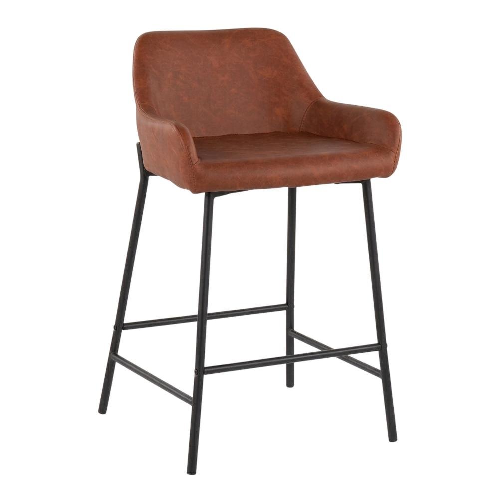 Black industrial counter stools with faux leather seats, set of 2
