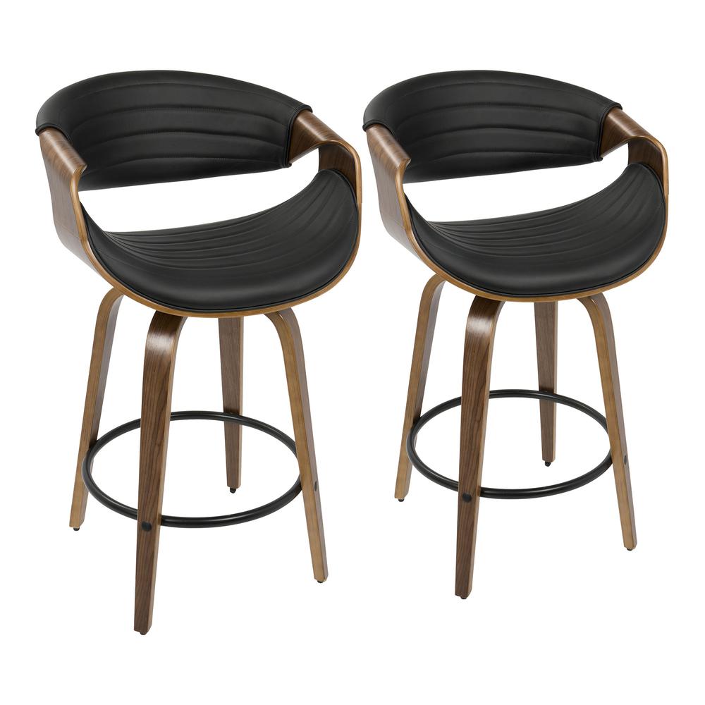 Walnut Wood, Black PU, Black Metal Symphony Counter Stool - Set of 2