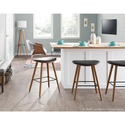 Walnut, Black PU Saddle Counter Stool - Set of 2