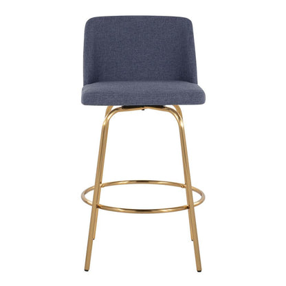 Blue Fabric, Gold Metal Toriano 26" Fixed-Height Counter Stool - Set of 2