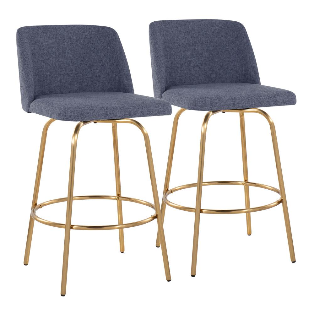 Blue Fabric, Gold Metal Toriano 26" Fixed-Height Counter Stool - Set of 2